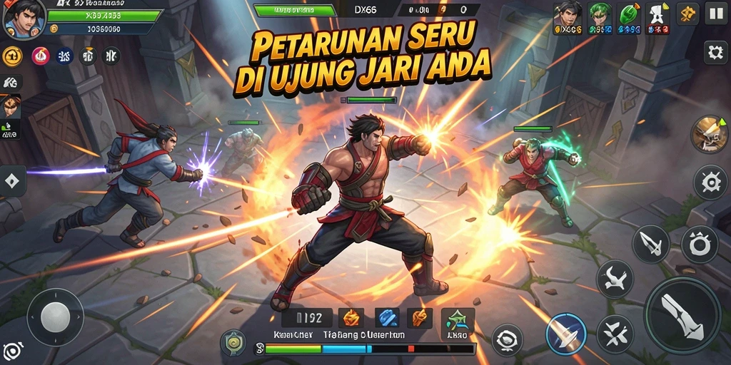Screenshot utama menampilkan pertarungan epik di <strong>IDX66</strong> dengan karakter yang bertarung secara intens.