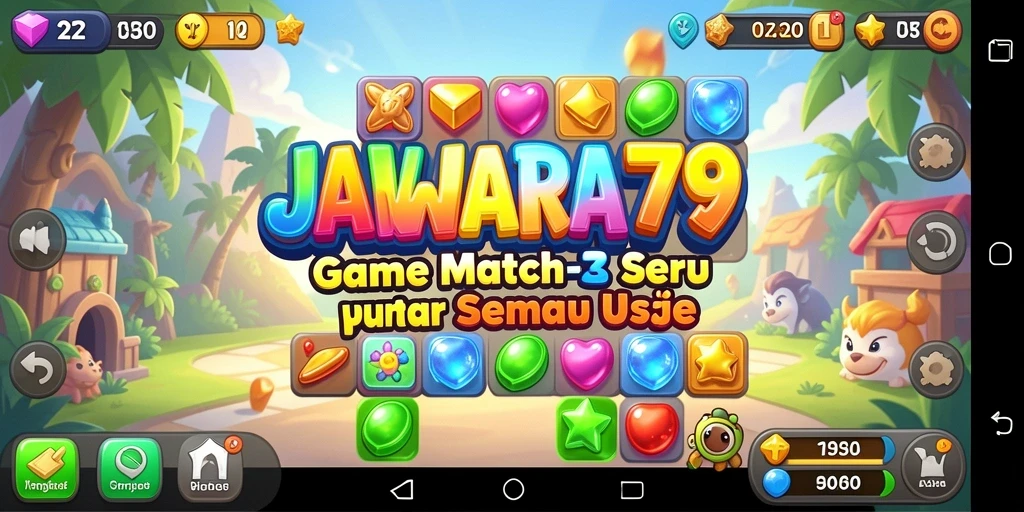 Menampilkan gameplay JAWARA79 dengan objek berwarna cerah dan keseruan mencocokkan.