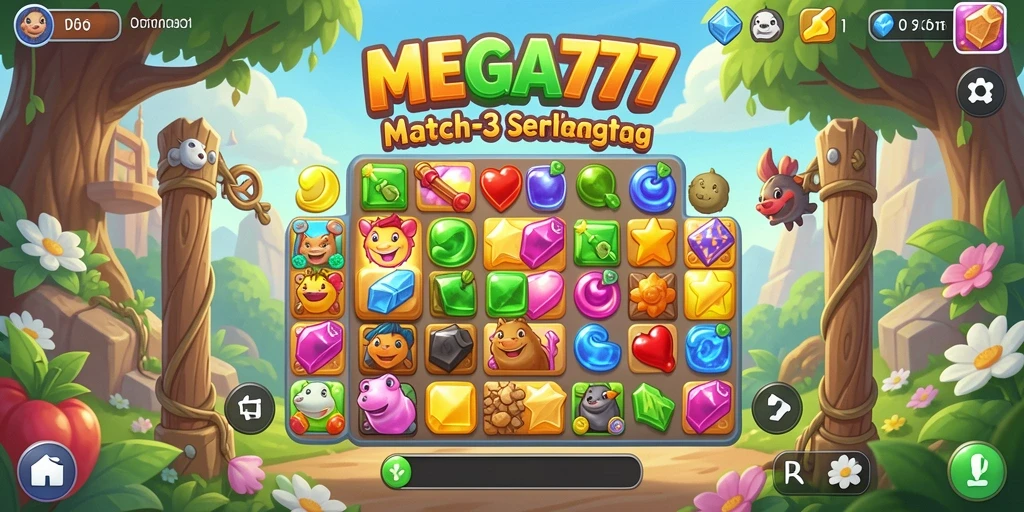 Gameplay Match-3 seru di MEGA777 dengan grafis berwarna-warni.