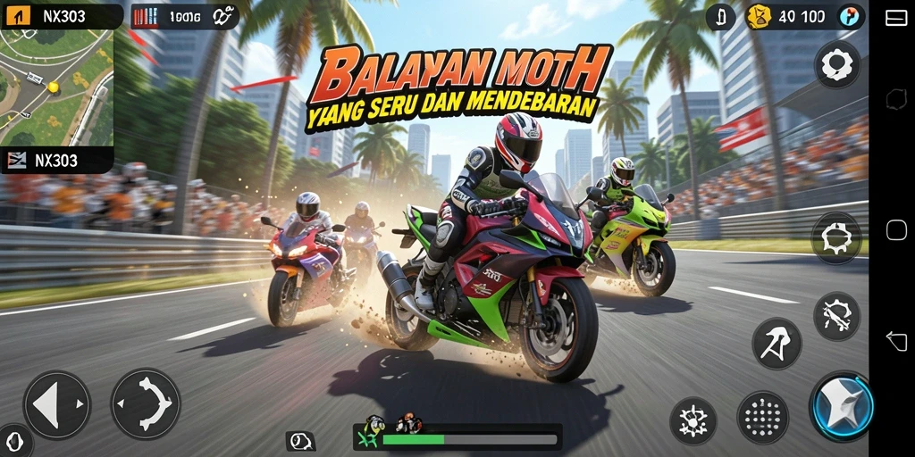 Tampilan gameplay seru di lintasan balapan motor.