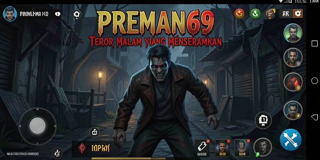 Tampilan gameplay menyeramkan dari PREMAN69 dengan lingkungan yang gelap dan mengintimidasi.