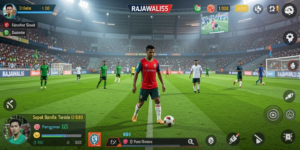 Screenshot gameplay RAJAWALI55 dengan aksi sepak bola yang intens.