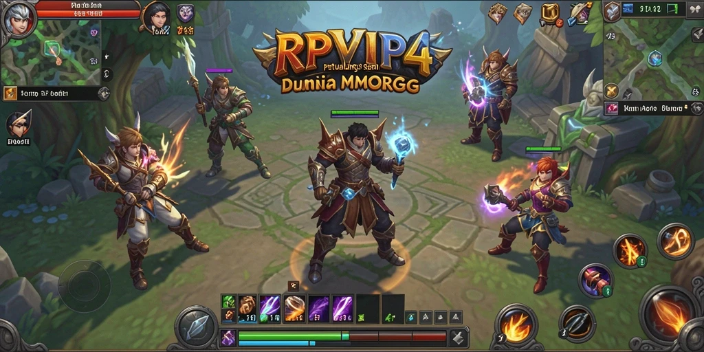 Screenshot utama RPVIP4 menampilkan pertempuran epik di dunia MMORPG.